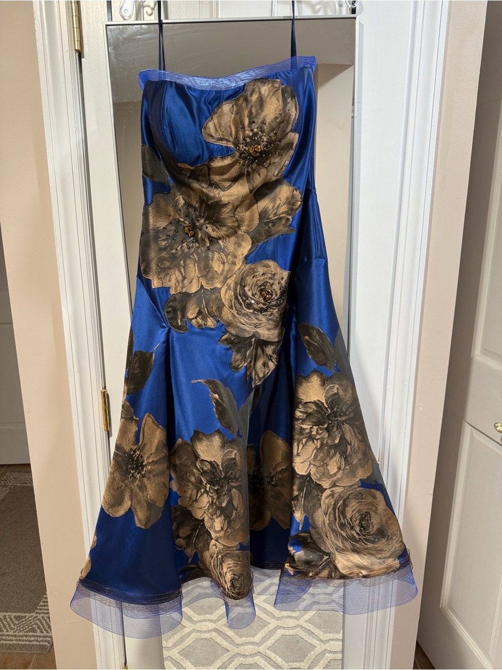 Royal Blue Midi Dress with Metallic Gold Floral Detail